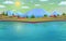 Cartoon evening background big water lake and landscape area with mountains, trees, sky, clouds vector illustration