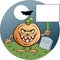 Cartoon evil jack o lantern with a background holding a sign.