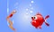 Cartoon evil red fish looking at a worm on a fishing hook underwater with bubbles.