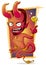 Cartoon evil red jinn with gold coin