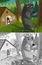 Cartoon evil wolf spying near wooden house illustration