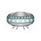 Cartoon extraterrestrial spaceship in futuristic shape. Large alien vessel with blue lights. Metallic flying craft