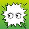 Cartoon eyes with eyelashes. Looking to the left. Black Icon on white popart Splash at green background with white spots.