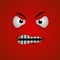 Cartoon face expression. Kawaii manga doodle character with mouth and eyes, angry face emotion, comic avatar isolated on red