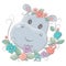 Cartoon face of a hippopotamus on a floral background. Cute little illustration of hippo for kids, baby book, fairy