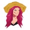 cartoon face portrait of beautiful girl wearing beach hat. summer concept, avatar. cartoon flat vector illustration.