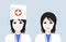 Cartoon face of a woman doctor in a mask. A set of girls of doctors with different emotions on their faces. Set of