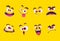 Cartoon faces. Emotions smirk expressions, smile mouth with teeth and scared eyes characters vector collection