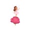 Cartoon fairy girl standing on rose and spreading magical dust. Little brown-haired pixie in cute pink dress. Fairytale