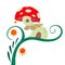 Cartoon fairy tale house fly agaric on a liana with lanterns for fairies and gnomes on a white background. A fabulous home
