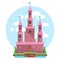 Cartoon fairy tale pink alcazar castle vector illustration. Princess mysterious house with flags and gate