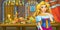 Cartoon fairy tale with princess in the castle by the table full of food looking and smiling