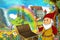 Cartoon fairy tale scene with dwarf in the field full of flowers near wooden chest small waterfall colorful rainbow and bi