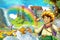 Cartoon fairy tale scene with handsome prince in the field full of flowers near small waterfall colorful rainbow and big castle