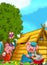 Cartoon fairy tale scene with pigs doing different things