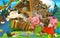 Cartoon fairy tale scene with wolf blowing off wooden house and running pigs