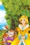 Cartoon fairy tale scene with a young princess in the forest talking