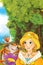 Cartoon fairy tale scene with a young princess in the forest talking