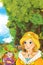 Cartoon fairy tale scene with a young princess in the forest talking