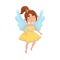 Cartoon fairy in a yellow dress with a light blue frill. Vector illustration on a white background.