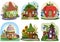 Cartoon fairytale houses for little animals and fantasy inhabitants. Apple, nut, strawberry, cupcake, acorn, eggplant.