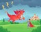 Cartoon fairytale knight fights dragon. Swordsman fighting evil monster, hero battle with dragons medieval legend vector