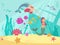 Cartoon fairytale underwater vector background with mermaids