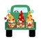 Cartoon fall vector gnomes in green vintage truck with pumpkin, corn, pie, leaves, mushrooms on white background