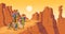 Cartoon family with big backpacks in the desert. People hiking on canyon background.
