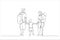 Cartoon of family with children hiking outdoors in summer. Single continuous line art style