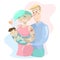 Cartoon family couple man and nonconformist woman with baby isolated on blue and pink background