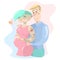 Cartoon family couple man and nonconformist woman pregnant isolated on pink and blue background