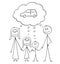 Cartoon of Family, Couple of Man and Woman and Two Children Thinking About Buying Car
