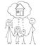 Cartoon of Family, Couple of Man and Woman and Two Children Thinking About Buying Family House
