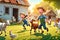 Cartoon family kids play fun animals livestock