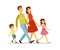 Cartoon family. Mother father children walking together. Isolated parents with son and daughter. Parenthood, young woman