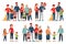 Cartoon family portraits. Happy parents and children portrait, old grandmother and grandfather. Big family vector