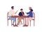 Cartoon family sitting at table in cafeteria vector flat illustration. Colorful parents and kid boy having lunch at