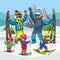 Cartoon family skiing in snowy hills together