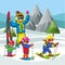 Cartoon family skiing in snowy hills together. mother with kids