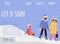 Cartoon family on winter walk with child on sleigh - website banner