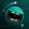 Cartoon fantasy blue monster planet with giant scary mouth on cosmic background.