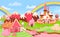 Cartoon fantasy candy land landscape with sweet castle. Fairytale kingdom gingerbread houses, ice cream trees and milk