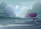 Cartoon fantasy foggy morning Japanese landscape of beautiful fabulous nature with mountains, lake, hills, trees, bushes