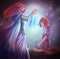 Cartoon fantasy goddess queen gives crystal pendant to girl