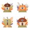 Cartoon fantasy houses for fairies, elves, gnomes. Mushroom, pumpkin and acorn cute fairy houses