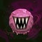 Cartoon fantasy monster pink planet with giant scary mouth on cosmic background.