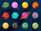 Cartoon fantasy planets. Space planet, slime or jelly satellites in universe. Game galaxy objects, funny cosmic elements