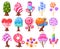 Cartoon fantasy sweet candy land caramel trees. Fantasy nature, game design sweet candy landscape elements vector