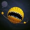 Cartoon fantasy yellow monster planet with giant scary mouth on cosmic background.